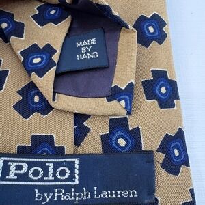 Vintage Polo by Ralph Lauren‎ Mens Tan Blue Geometric Silk Necktie Handmade